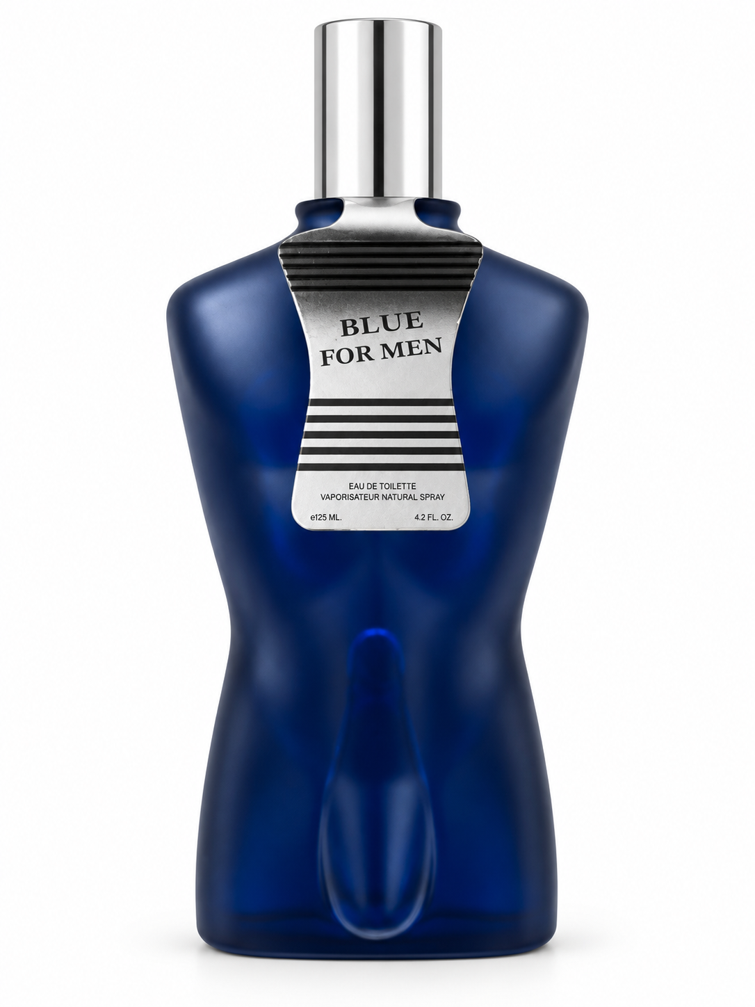 A blue, hourglass-shaped perfume bottle with a silver cap and a silver-and-black label reading 'BLUE FOR MEN' on a white background.