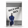 Blue For Men Eau de Toilette packaging box featuring a metallic silver background with black horizontal stripes and a blue bottle illustration in the center.