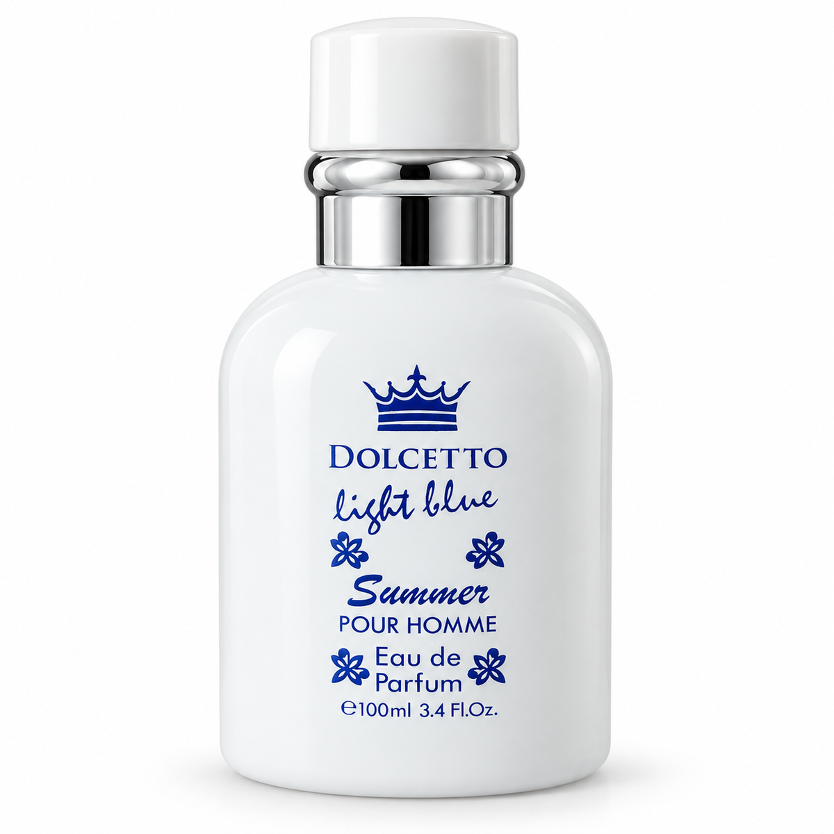 A white bottle of Dolcetto Light Blue Summer Pour Homme Eau de Parfum with a silver metallic collar and a white cap, set against a plain white background.