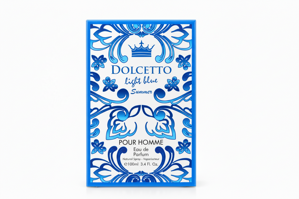 Dolcetto Light Blue Summer Pour Homme Eau de Parfum box, featuring a white background with intricate blue floral patterns and a blue crown logo at the top, wrapped in clear plastic at the top.