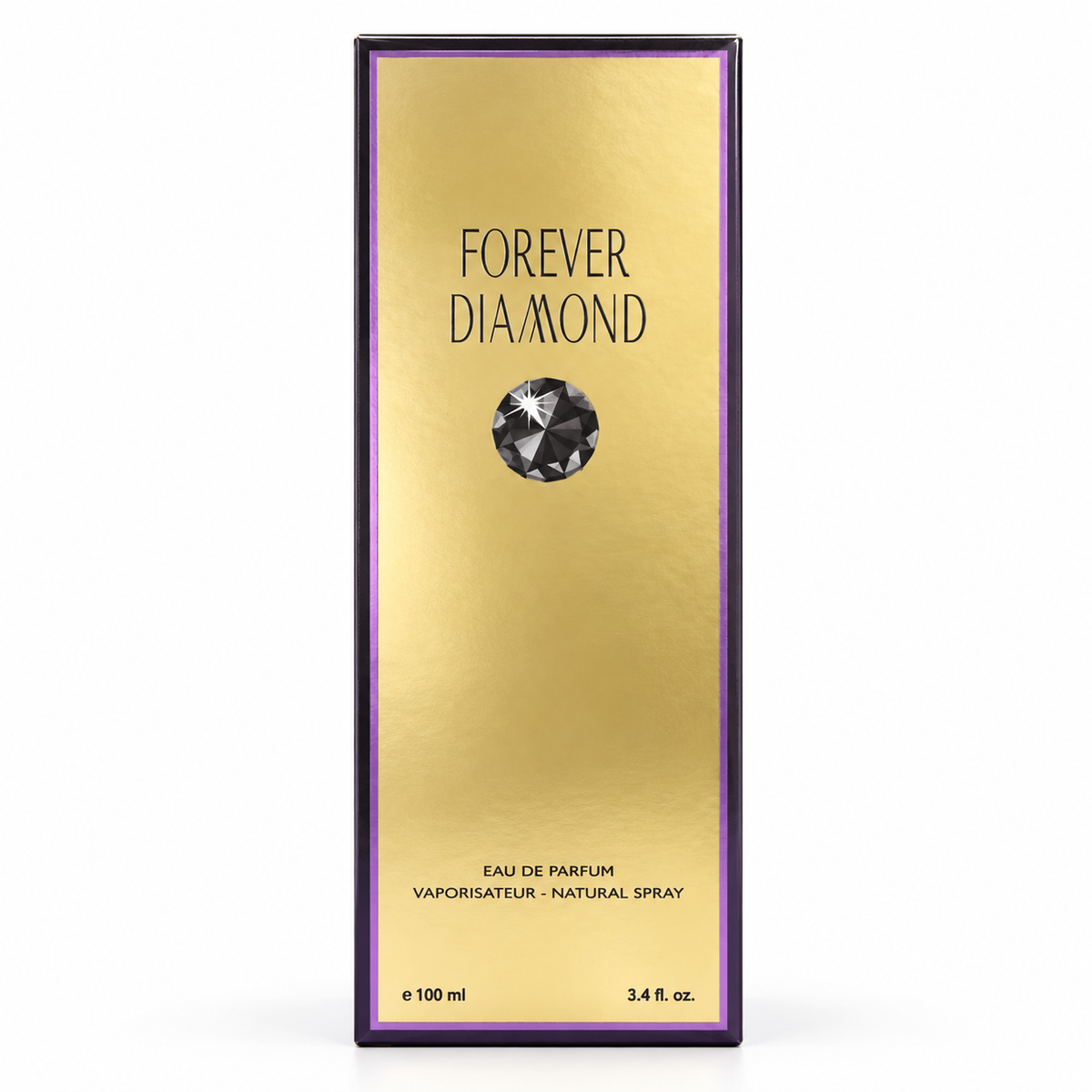 A tall rectangular perfume box for Forever Diamond Eau de Parfum, featuring a metallic gold front with a black diamond graphic and purple border, set against a plain white background.