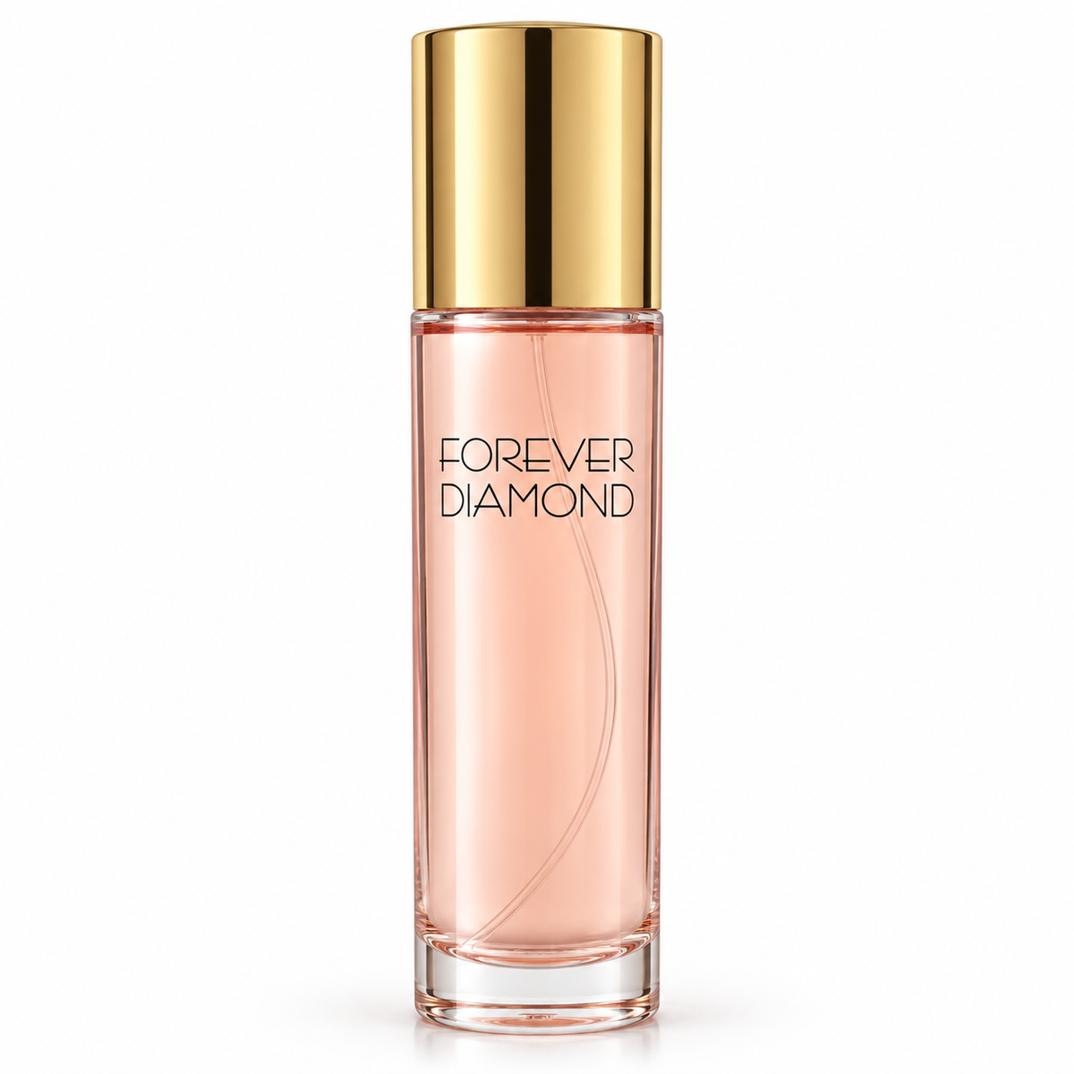 A bottle of Forever Diamond perfume with a reflective gold cap and a pink liquid inside a clear glass bottle, set against a plain white background.