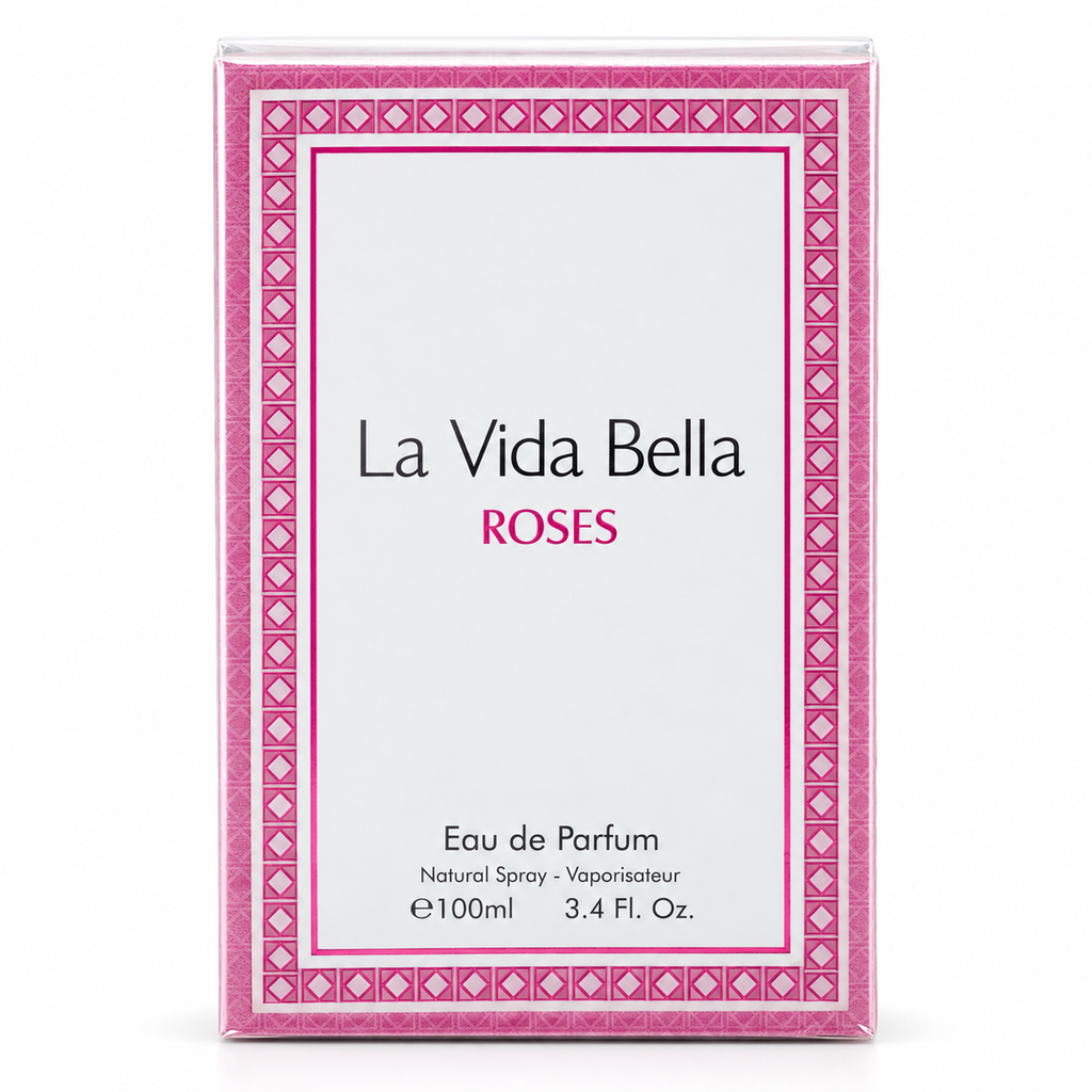 A rectangular perfume box for La Vida Bella Roses Eau de Parfum, featuring a white center label framed by a pink patterned border, photographed on a clean white background.