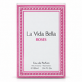 A rectangular perfume box for La Vida Bella Roses Eau de Parfum, featuring a white center label framed by a pink patterned border, photographed on a clean white background.