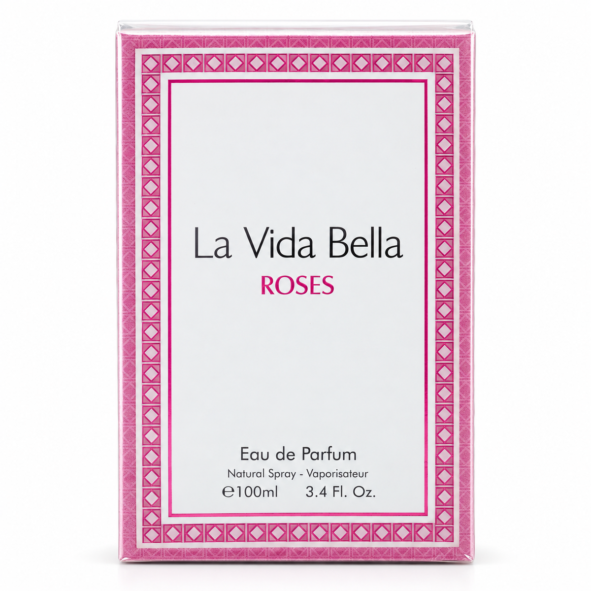 A rectangular perfume box for La Vida Bella Roses Eau de Parfum, featuring a white center label framed by a pink patterned border, photographed on a clean white background.