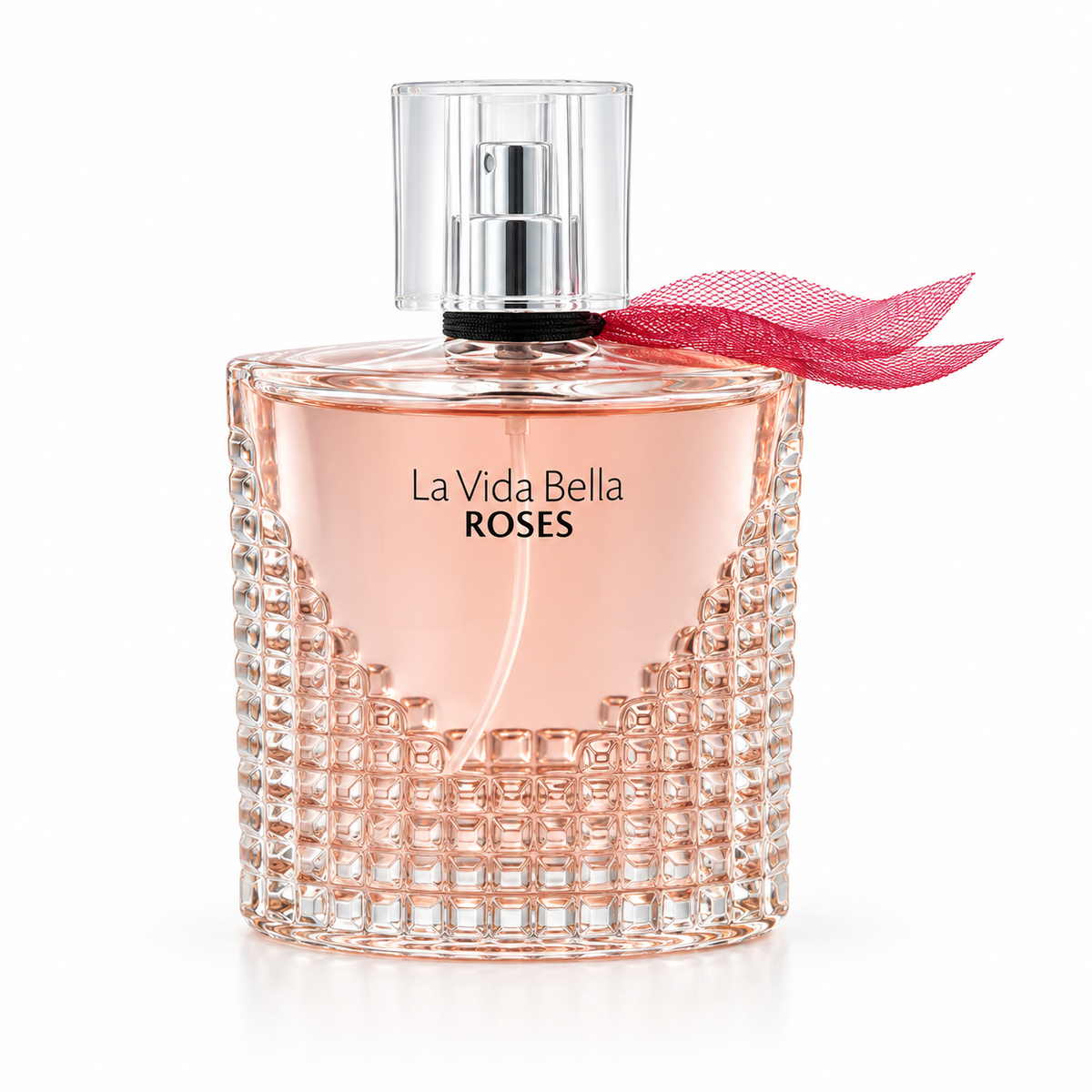 La Vida Bella Roses perfume bottle with a textured clear glass body, pink liquid, a silver spray mechanism, and a pink ribbon accent on a white background.