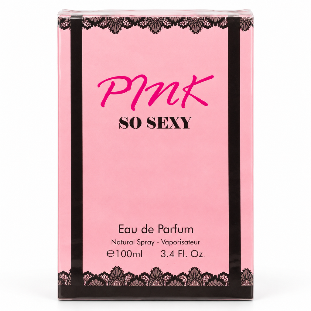 Pink So Sexy Eau de Parfum 100ml box packaging, featuring a pink background with black lace borders and black text.