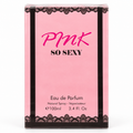 Pink So Sexy Eau de Parfum 100ml box packaging, featuring a pink background with black lace borders and black text.