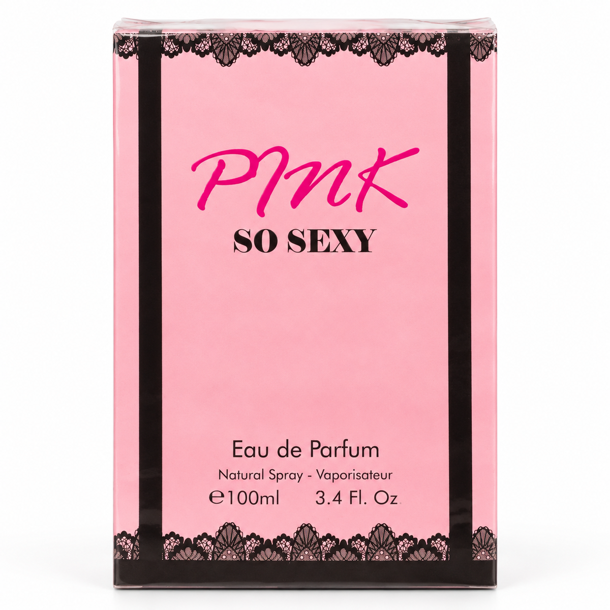 Pink So Sexy Eau de Parfum 100ml box packaging, featuring a pink background with black lace borders and black text.