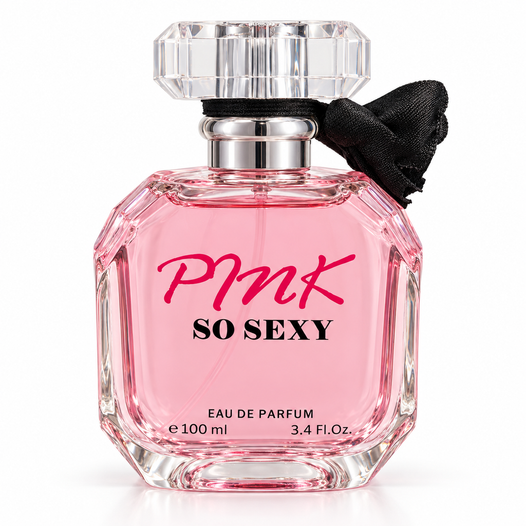 Pink So Sexy Eau de Parfum bottle with a faceted pink glass body, clear crystal cap, black ribbon bow, and silver collar on a white background.