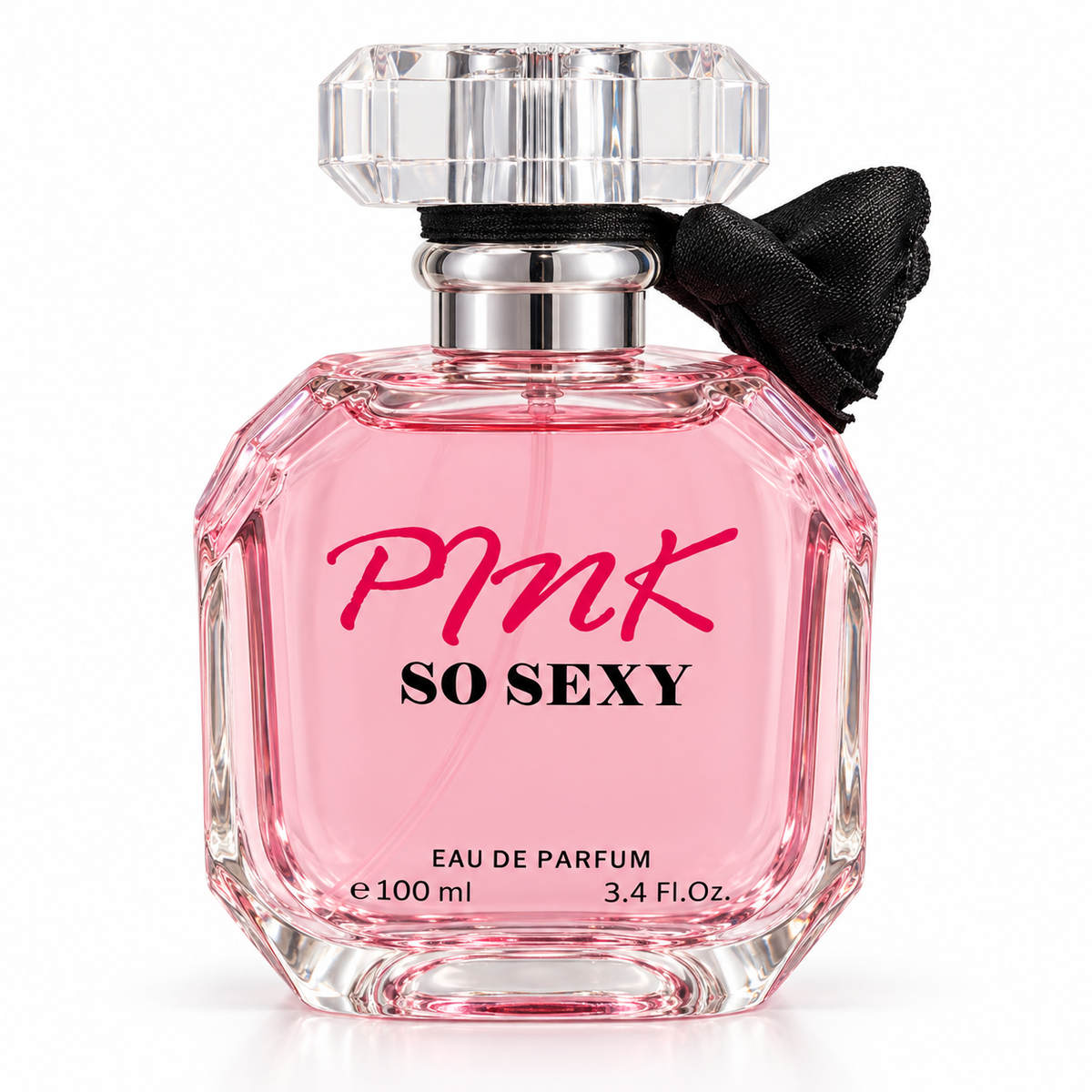 Pink So Sexy Eau de Parfum bottle with a faceted pink glass body, clear crystal cap, black ribbon bow, and silver collar on a white background.