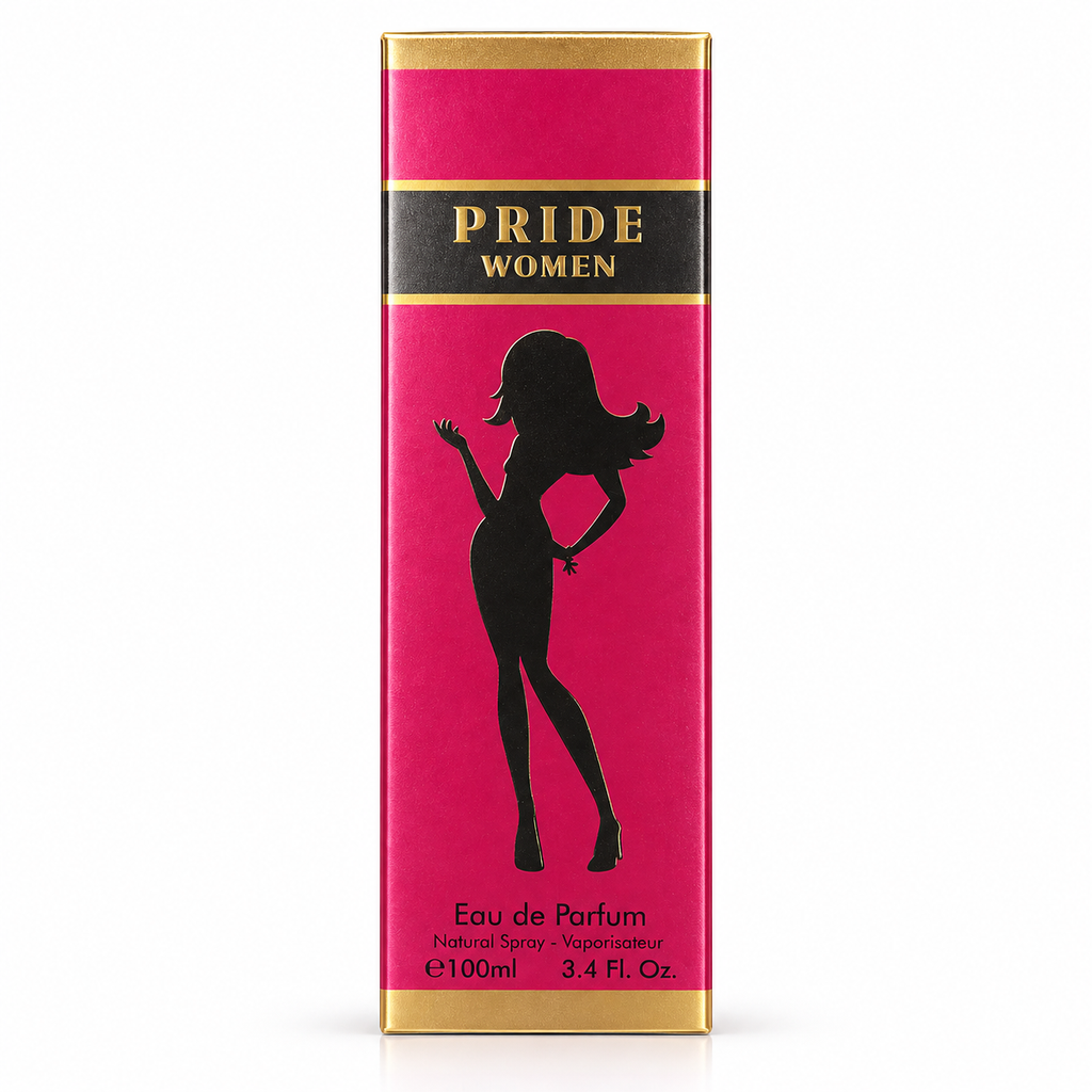 Pride Women Eau de Parfum 100ml box featuring a vibrant pink background, a black silhouette of a woman, and gold lettering and borders.
