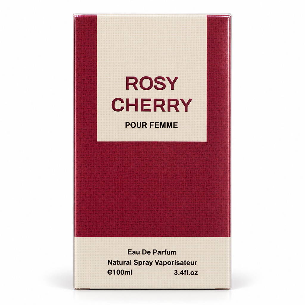 A rectangular perfume box for Rosy Cherry Pour Femme, featuring a deep red textured background with cream-colored panels at the top and bottom, and black text.