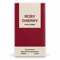 A rectangular perfume box for Rosy Cherry Pour Femme, featuring a deep red textured background with cream-colored panels at the top and bottom, and black text.