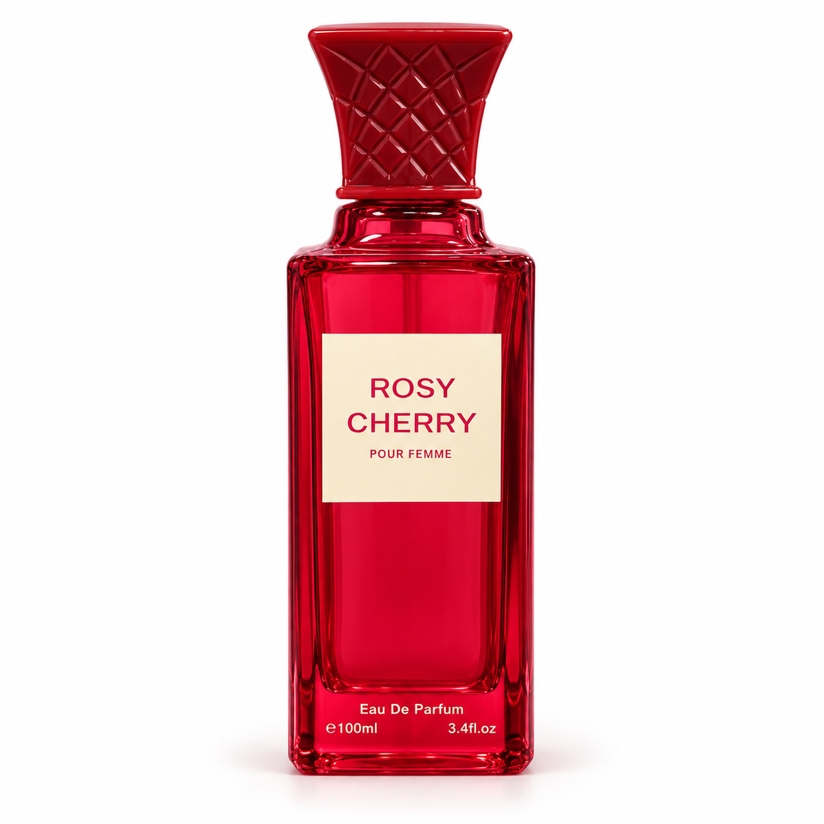 A 100ml bottle of Rosy Cherry Pour Femme Eau De Parfum, featuring a vibrant red translucent glass bottle with a matching red cap and a cream-colored label.