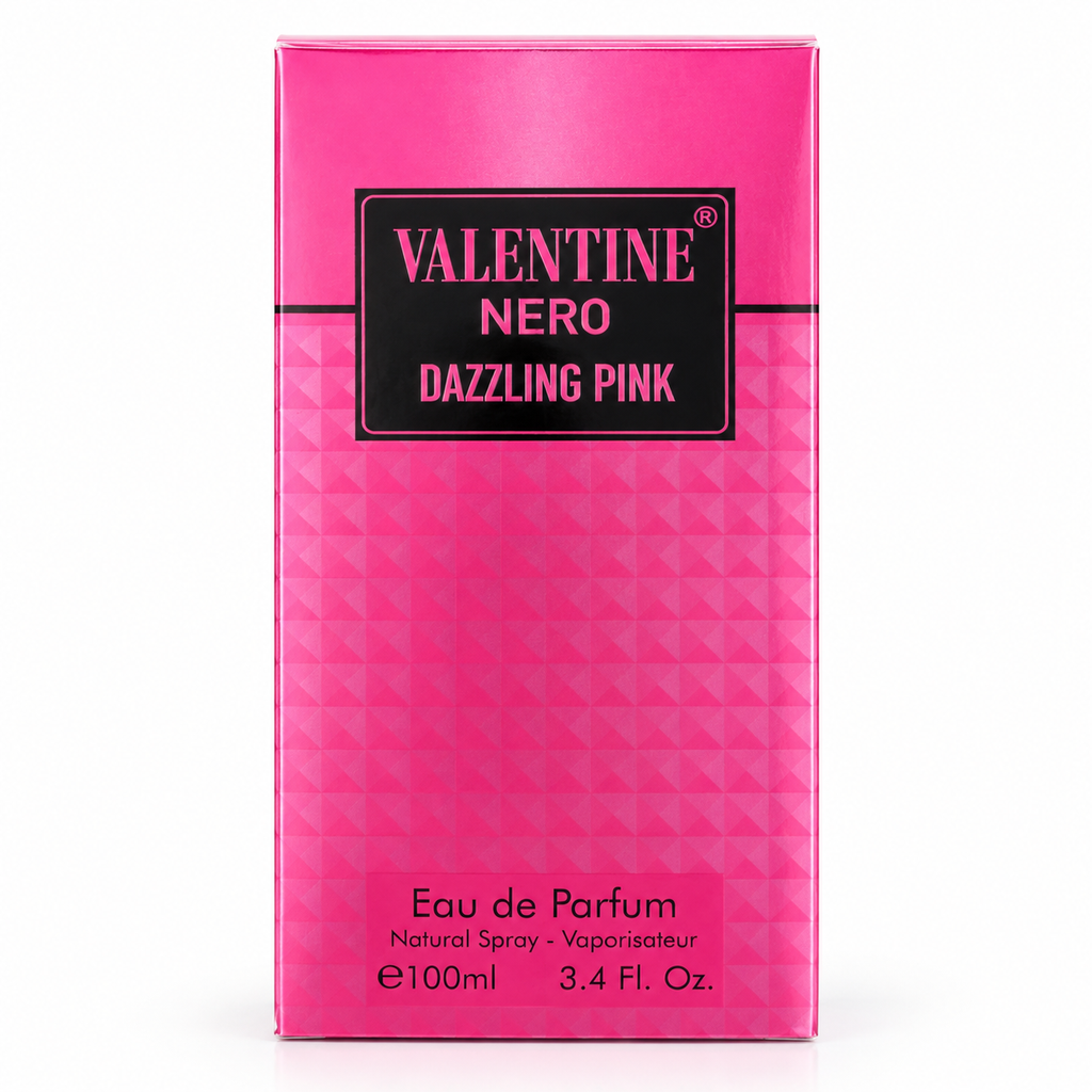 A rectangular pink perfume box for Valentine Nero Dazzling Pink Eau de Parfum, 100ml (3.4 Fl.