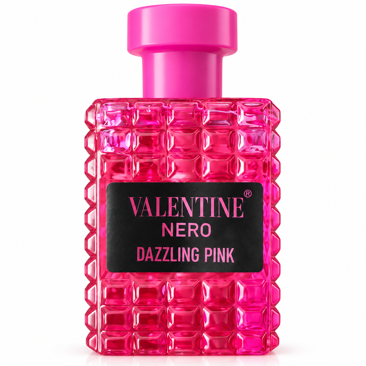 A bright pink textured perfume bottle with a matching pink cap and a black label reading 'VALENTINE NERO DAZZLING PINK' on a white background.