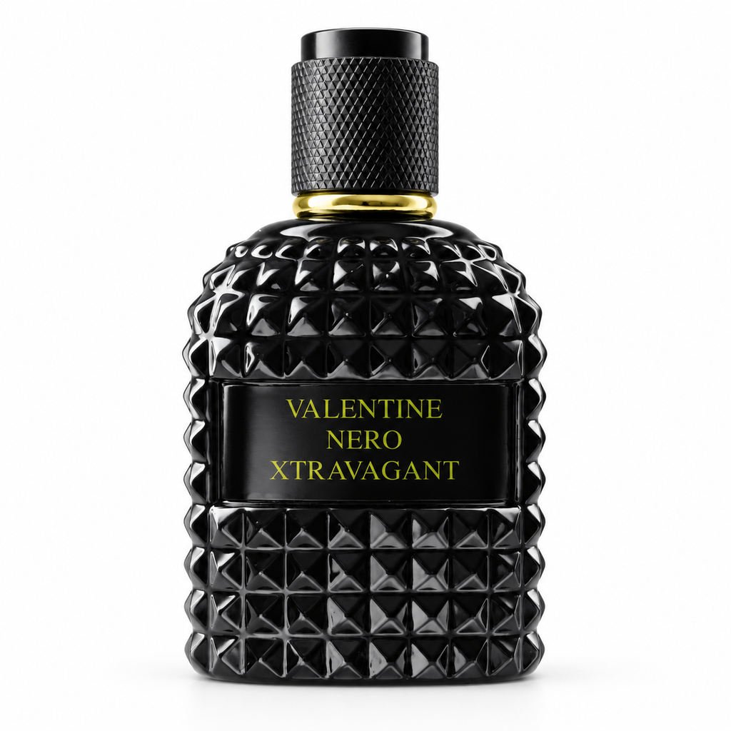 A black textured perfume bottle with a faceted geometric pattern, a black cap, and gold lettering that reads 'VALENTINE NERO XTRAVAGANT' on the front label, set against a plain white background.