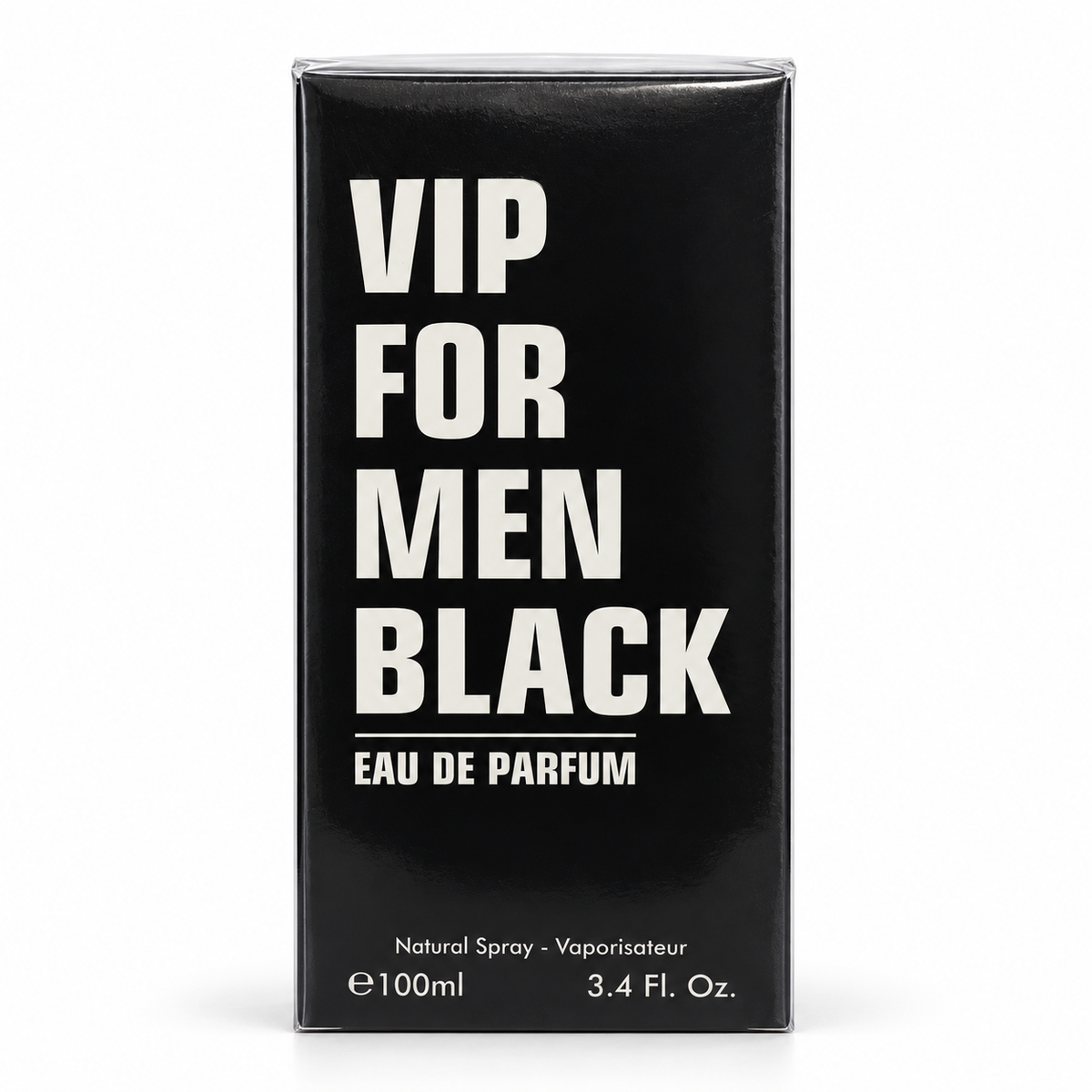 A black rectangular box for VIP FOR MEN BLACK Eau De Parfum, featuring bold white text on a clean white background.