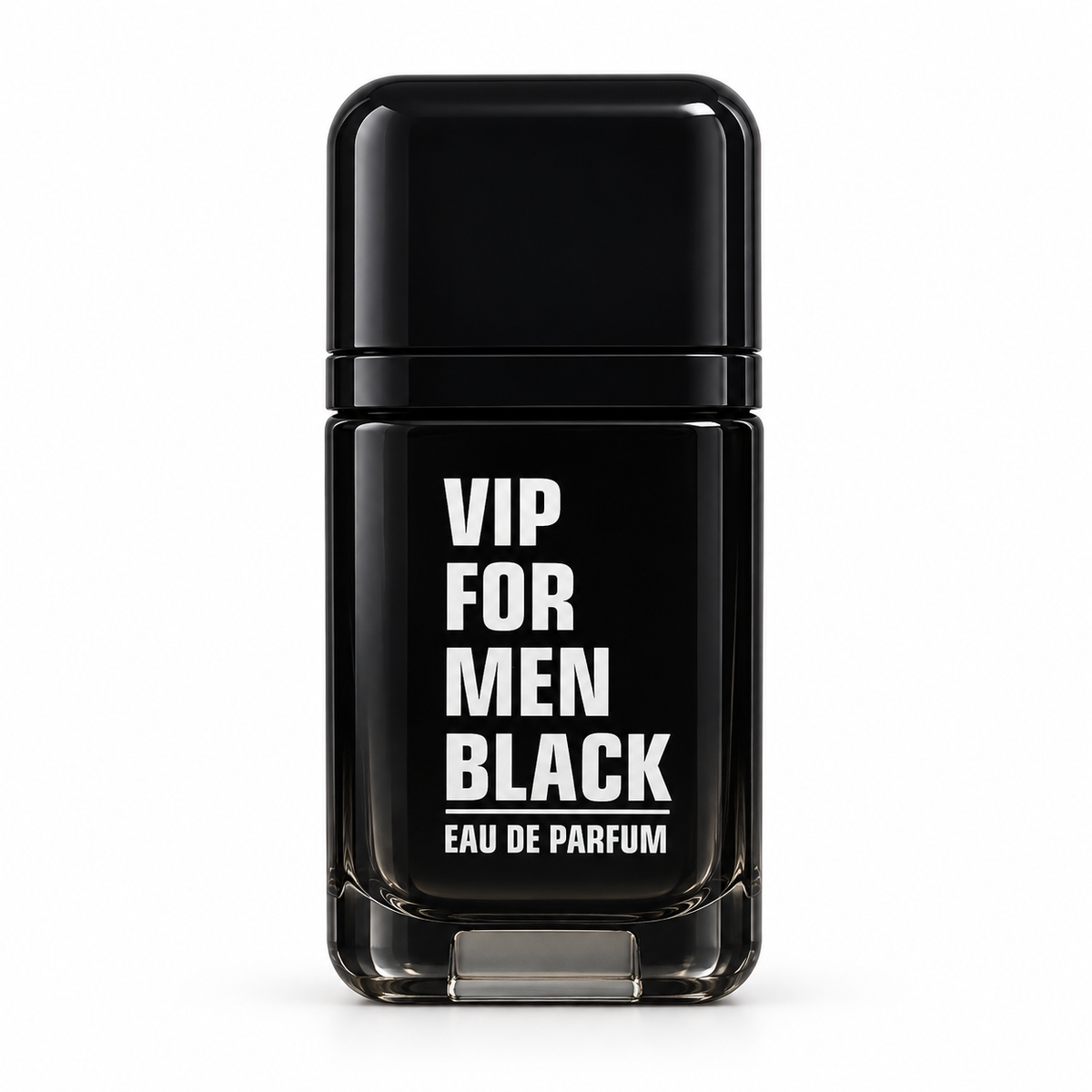 A black rectangular glass bottle of VIP FOR MEN BLACK Eau De Parfum with bold white text, set against a plain white background.