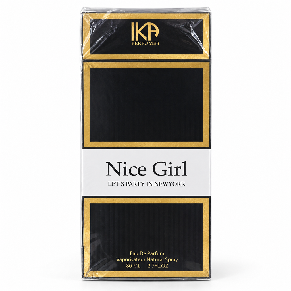 A boxed fragrance product labeled 'Nice Girl' by IKP Perfumes, shown in its retail packaging on a plain white background. The box is predominantly black with gold border accents and a white central band containing the product name.