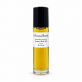 A clear glass roller bottle filled with golden-yellow scented body oil, featuring a black cap and a white label that reads 'L'homme Beauty Scented Body Oil 1/3 oz For Men'.