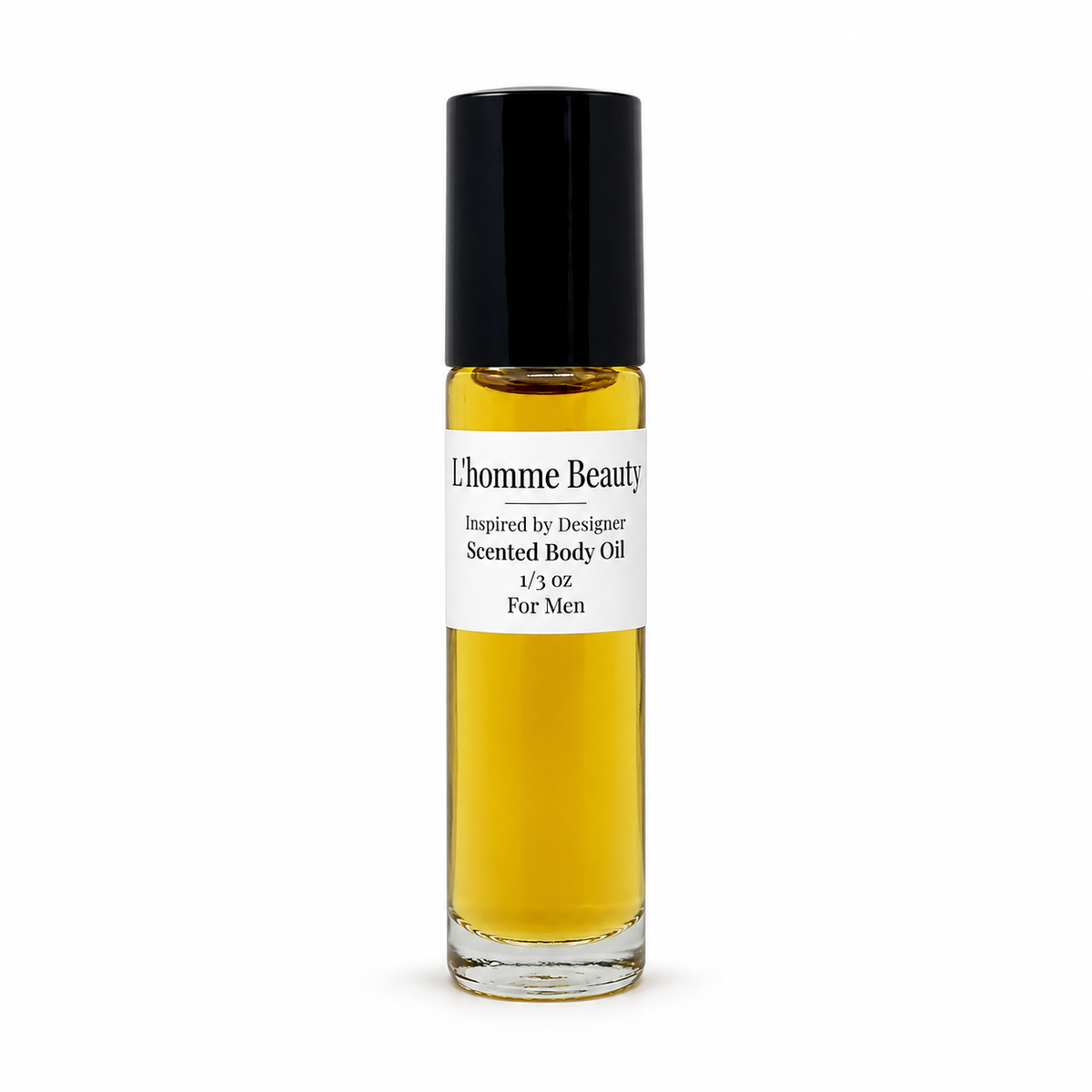 A clear glass roller bottle filled with golden-yellow scented body oil, featuring a black cap and a white label that reads 'L'homme Beauty Scented Body Oil 1/3 oz For Men'.