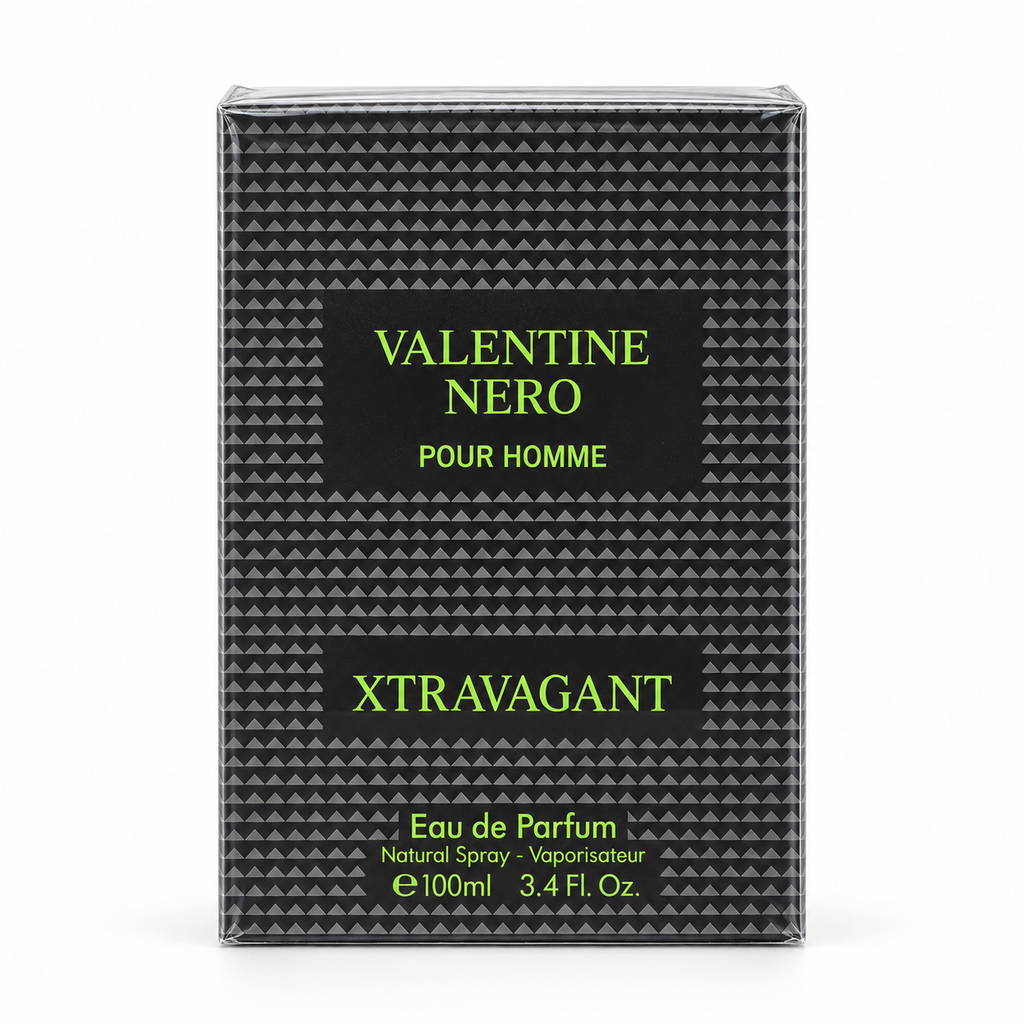 A rectangular perfume box for Valentine Nero Pour Homme Xtravagant Eau de Parfum, featuring a black and gray geometric pattern with lime green text on a white background.