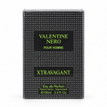 A rectangular perfume box for Valentine Nero Pour Homme Xtravagant Eau de Parfum, featuring a black and gray geometric pattern with lime green text on a white background.