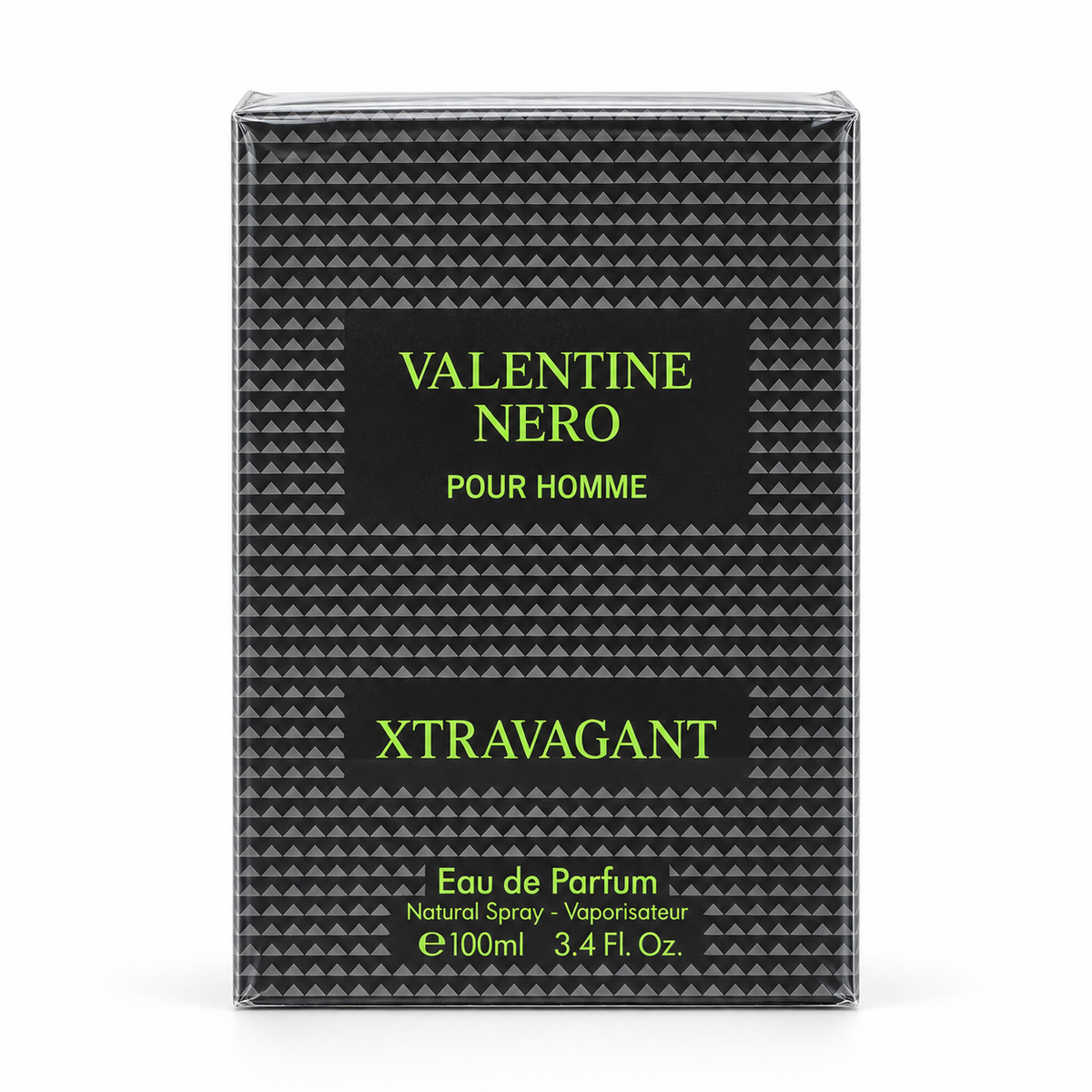 A rectangular perfume box for Valentine Nero Pour Homme Xtravagant Eau de Parfum, featuring a black and gray geometric pattern with lime green text on a white background.